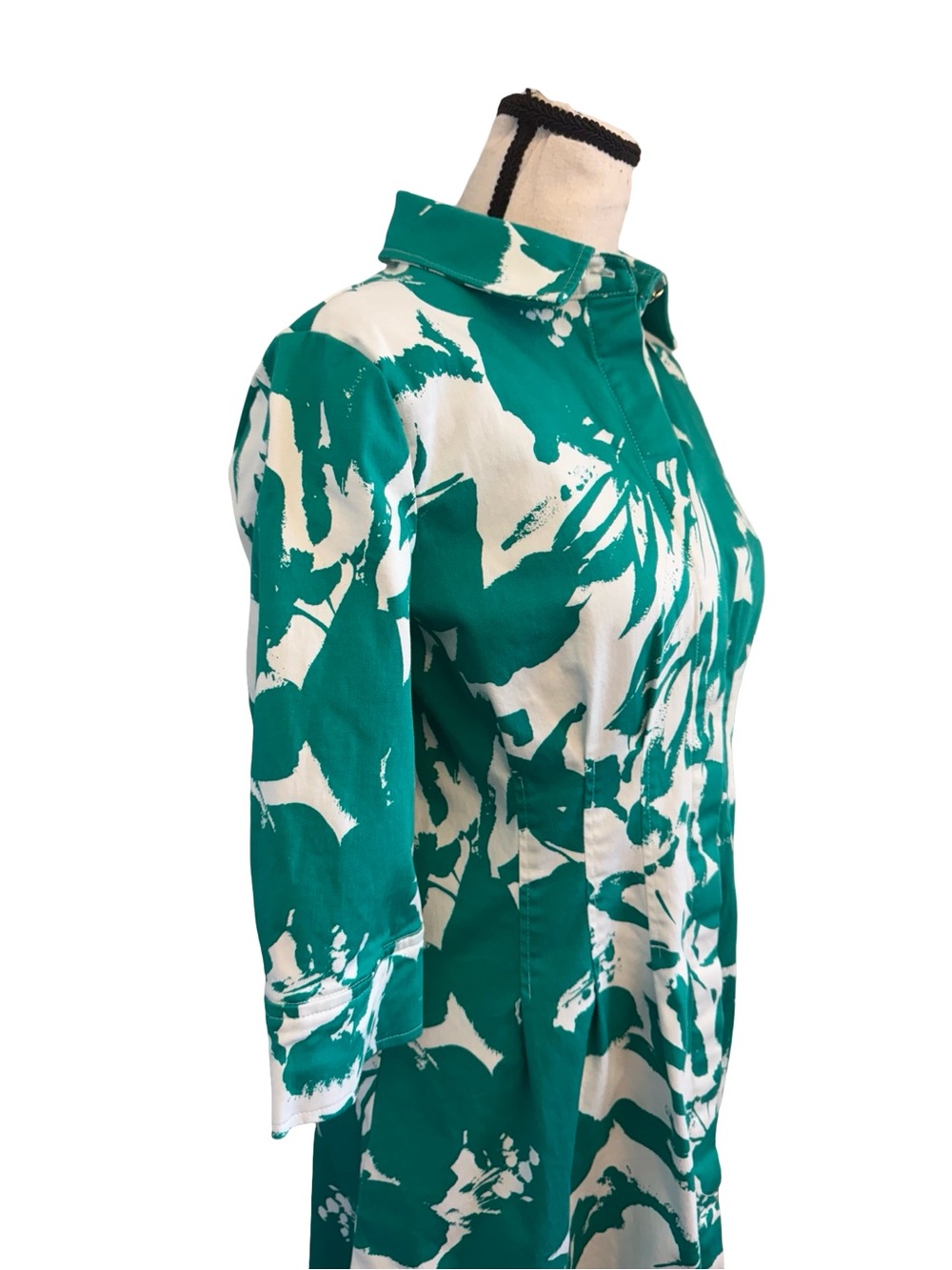 Anne Klein 4P Green White Floral Shirt Dress Petite Button Front Stretch Cotton - Picture 2 of 13